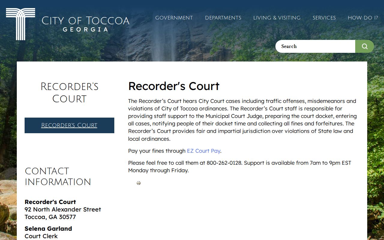 Official Toccoa Recorder's Court criminal record contact page